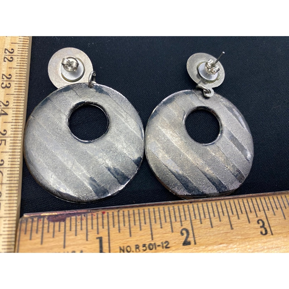 Round Disc‎ Earrings Silver Tone Textured Stripes Dangle Drop Statement Earrings